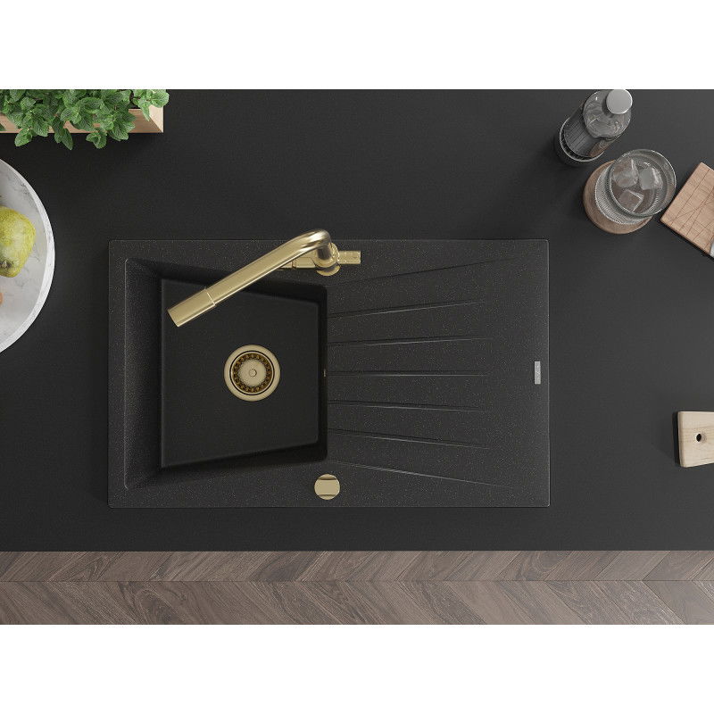 Mexen Cesar granitinė vienos kameros kriauklė su nusausintuvu ir virtuvine maišytuvu Duero, juoda/sidabrinė