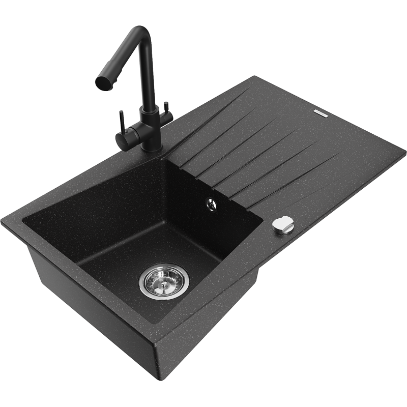 Mexen Cesar vienkamerinė granitinė plautuvė su varvine ir virtuviniu maišytuvu Duero, juoda/sidabrinė metaliko