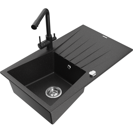 Mexen Cesar vienkamerinė granitinė plautuvė su varvine ir virtuviniu maišytuvu Duero, juoda/sidabrinė metaliko