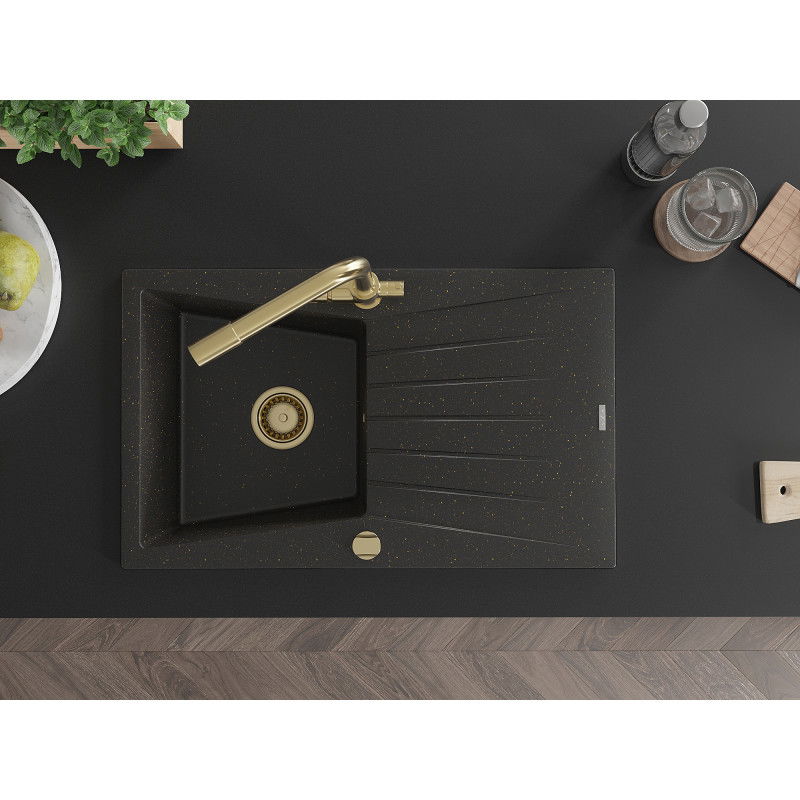 Mexen Cesar granitinis virtuvės kriauklė su viena kamera, su lašeliu ir virtuviniu maišytuvu Duero, juodas/auksinis