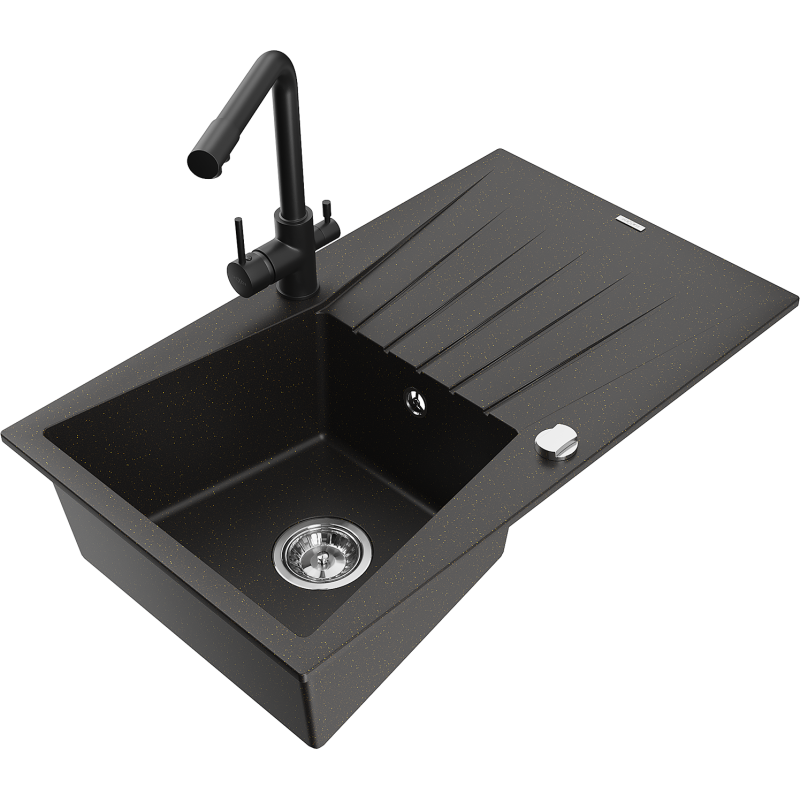 Mexen Cesar granitinė virtuvės plautuvė su viena žanštele ir virtuviniu maišytuvu Duero, juoda/auksinio metalo
