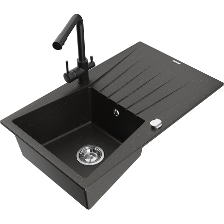 Mexen Cesar granitinė virtuvės plautuvė su viena žanštele ir virtuviniu maišytuvu Duero, juoda/auksinio metalo