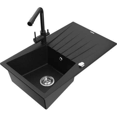 Mexen Cesar granito plautuvė 1 skyrius su indų džiovintuvu ir virtuviniu maišytuvu Duero, juoda - 6514-77-671600-70