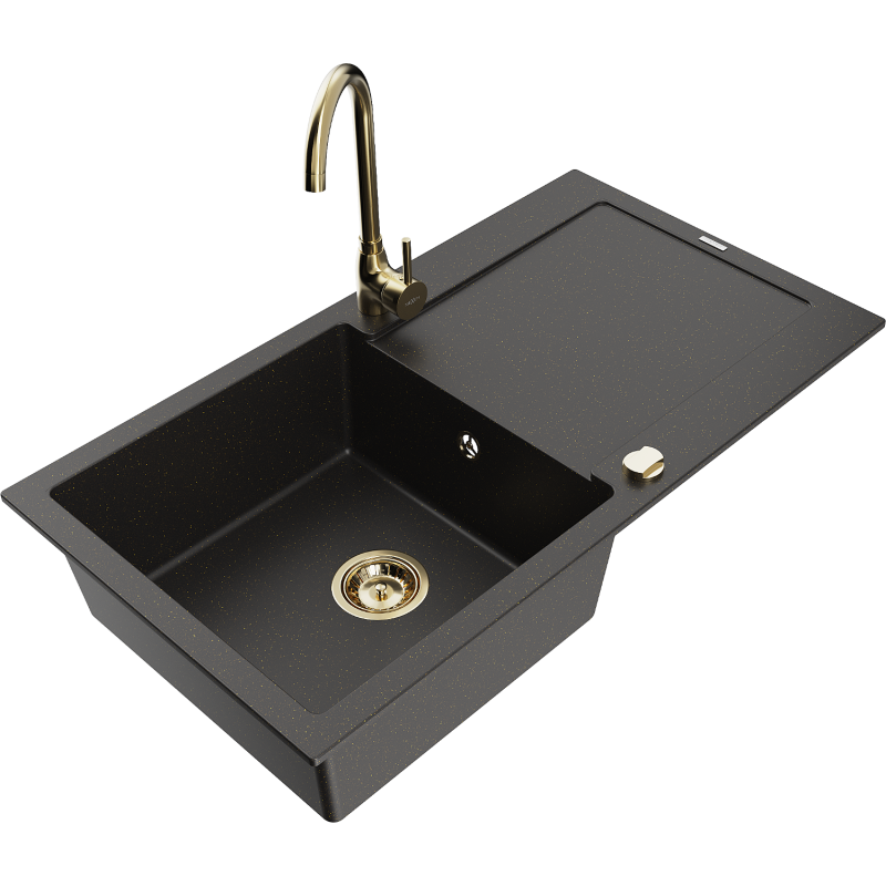 Mexen Leo vienos kameros granitinė kriauklė su nutekėjimu ir virtuviniu maišytuvu Telma, juoda/auksinis metalikas