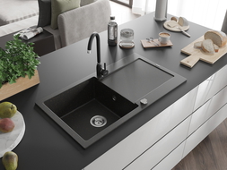 Mexen Leo granitinė vienos kameros plautuvė su džiovykla ir virtuviniu maišytuvu Telma, juodas/auksinis metalikas