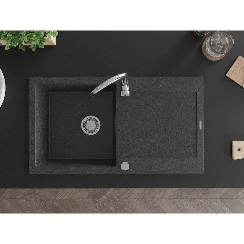 Mexen Leo granitinė kriauklė 1 skyrelio su drenažu ir virtuviniu maišytuvu Telma, juoda taškuota - 6501-76-670200-00