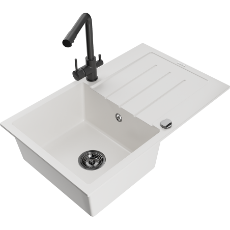 Mexen Bruno granitinė 1-skyrius plautuvė su nusausintuvu ir virtuviniais Duero maišytuvais, balta - 6513-20-671600-70