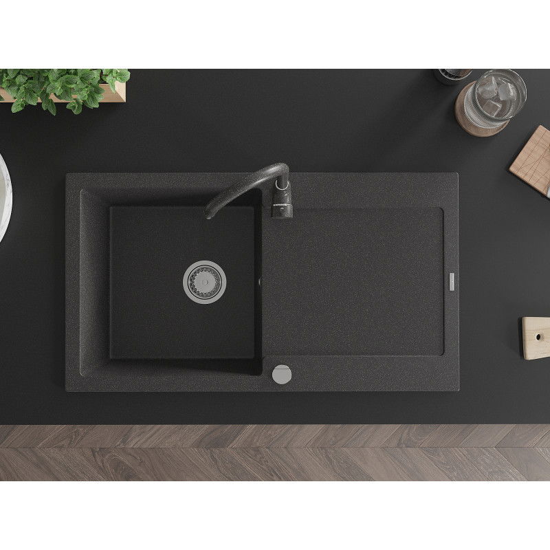 Mexen Leo granito kriauklė su vienu dubeniu ir nutekamu ir „Telma“ virtuviniu maišytuvu, juoda dėmėta - 6501-76-670200-76