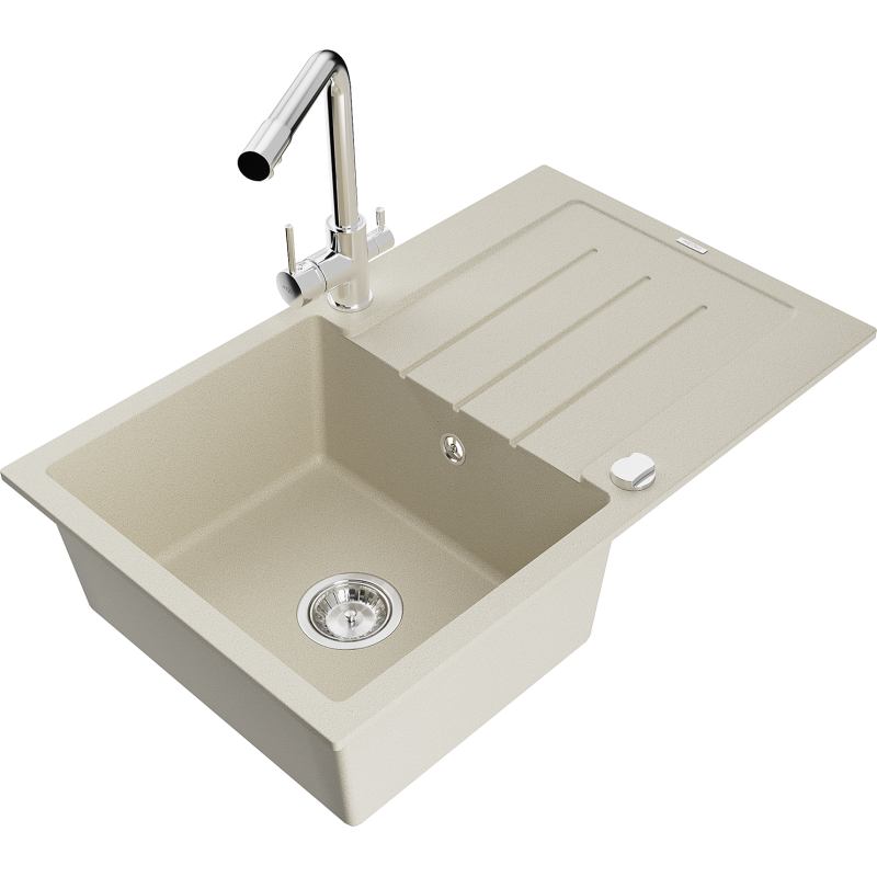 Mexen Bruno vienos kameros granito virtuvinis kriauklė su nusausintuvu ir virtuviniu maišytuvu Duero, smėlio spalvos