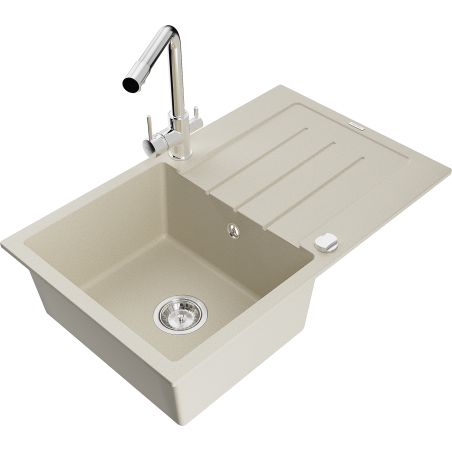 Mexen Bruno vienos kameros granito virtuvinis kriauklė su nusausintuvu ir virtuviniu maišytuvu Duero, smėlio spalvos