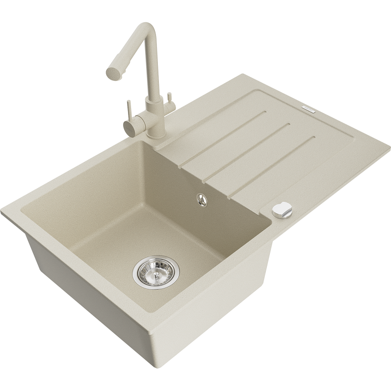 Mexen Bruno granitinė vienos kameros kriauklė su drenažu ir virtuviniu maišytuvu Duero, smėlio spalvos - 6513-69-671600-69