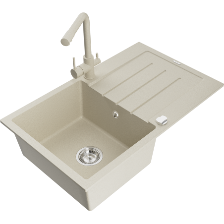 Mexen Bruno granitinė vienos kameros kriauklė su drenažu ir virtuviniu maišytuvu Duero, smėlio spalvos - 6513-69-671600-69