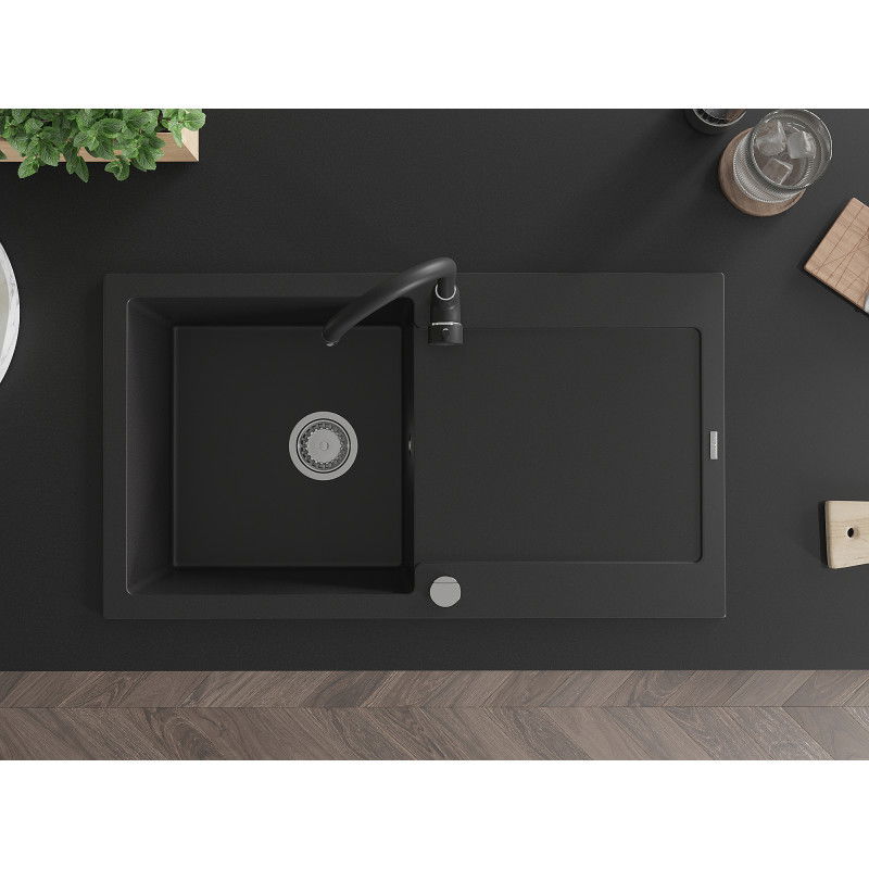 Mexen Leo vieno indo granitinė kriauklė su drenažu ir virtuvės maišytuvu Telma, juoda - 6501-77-670200-70