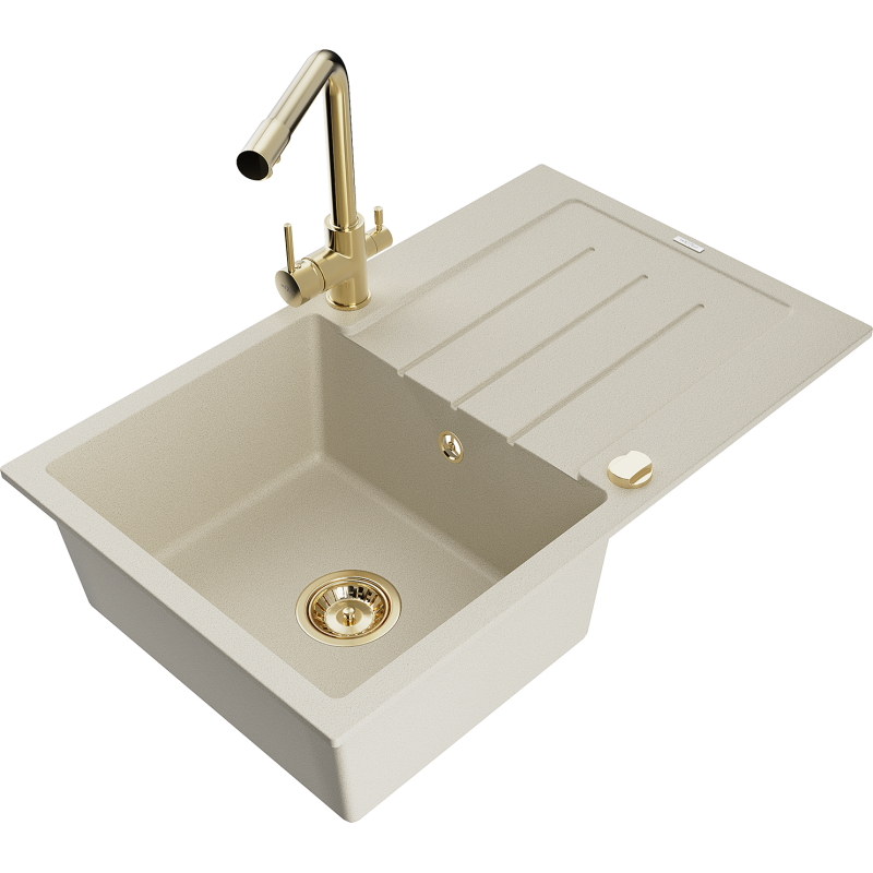 Mexen Bruno granitinė vienos kameros plautuvė su lašintuvu ir virtuviniu maišytuvu Duero, smėlinis - 6513-69-671600-50