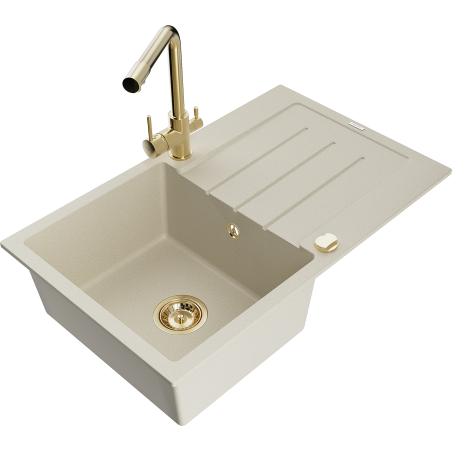 Mexen Bruno granitinė vienos kameros plautuvė su lašintuvu ir virtuviniu maišytuvu Duero, smėlinis - 6513-69-671600-50