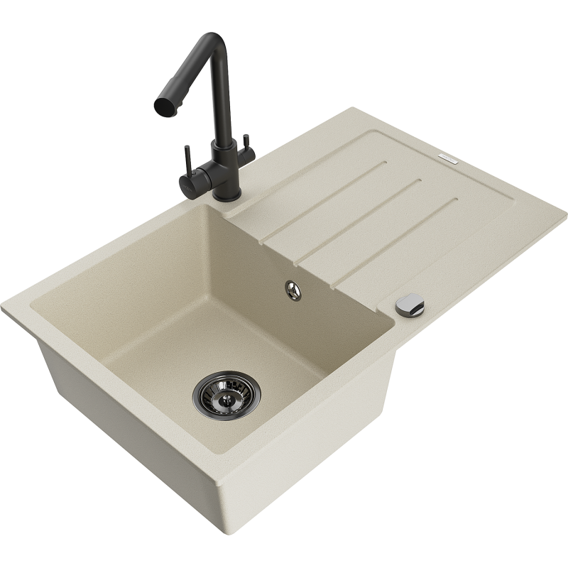 Mexen Bruno granitinė vienakamerė kriauklė su nutekėtu ir virtuviniu maišytuvu Duero, smėlio - 6513-69-671600-70