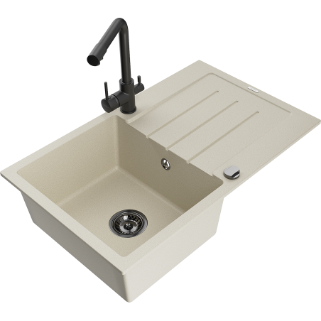 Mexen Bruno granitinė vienakamerė kriauklė su nutekėtu ir virtuviniu maišytuvu Duero, smėlio - 6513-69-671600-70