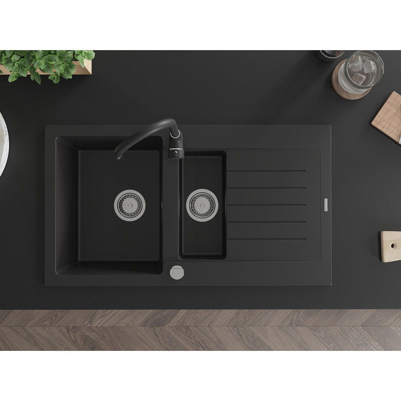 Mexen Matias granito plautuvė, 1,5 skyriaus su nutekėjimu ir Telma virtuviniu maišytuvu, juoda - 6502-77-670200-70