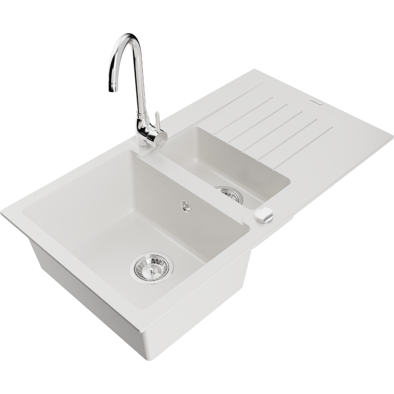 Mexen Matias granitinė plautuvė 1,5 skylių su nutekėjimu ir virtuviniu maišytuvu Telma, balta - 6502-20-670200-00