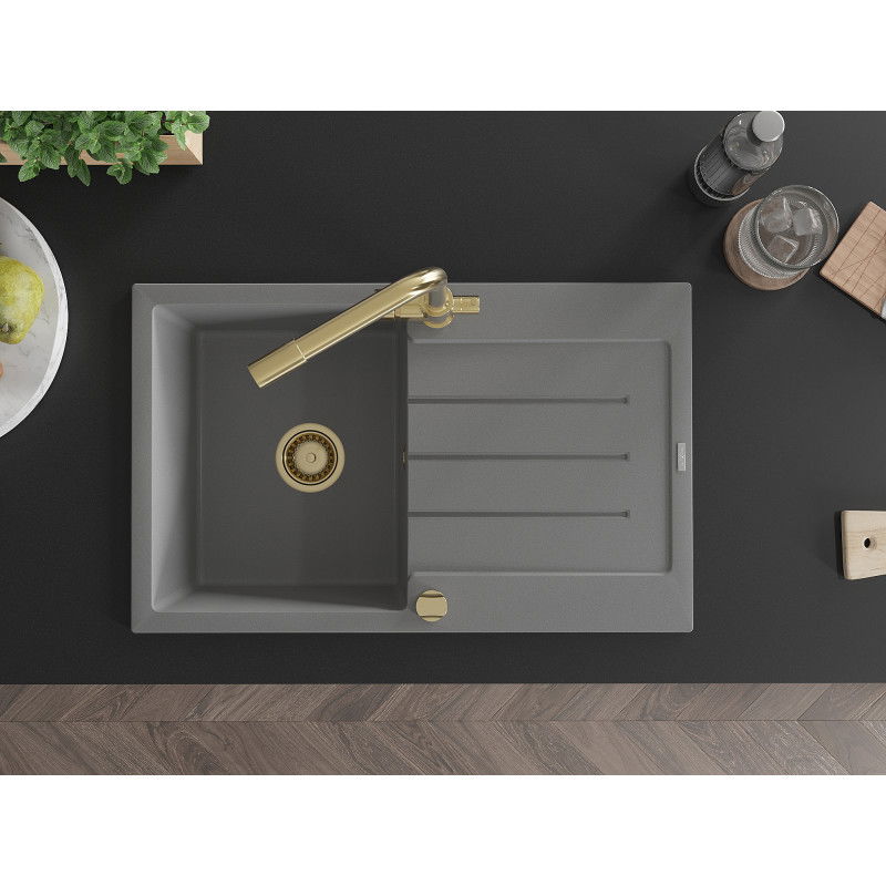 Mexen Bruno granitinė vienos kameros kriauklė su nusausinimo funkcija ir virtuvės maišytuvu Duero, pilka - 6513-71-671600-50