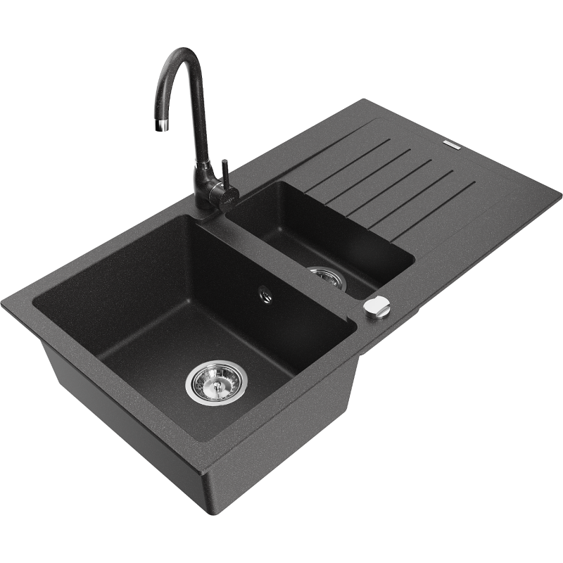 Mexen Matias granitinė 1,5 kamerų kriauklė su nutekėjimu ir virtuvės maišytuvu Telma, juoda taškuota - 6502-76-670200-76