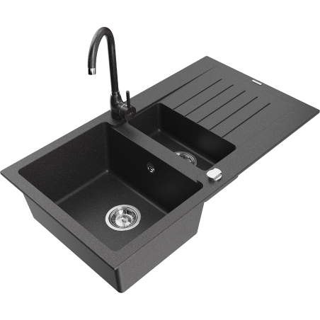 Mexen Matias granitinė 1,5 kamerų kriauklė su nutekėjimu ir virtuvės maišytuvu Telma, juoda taškuota - 6502-76-670200-76