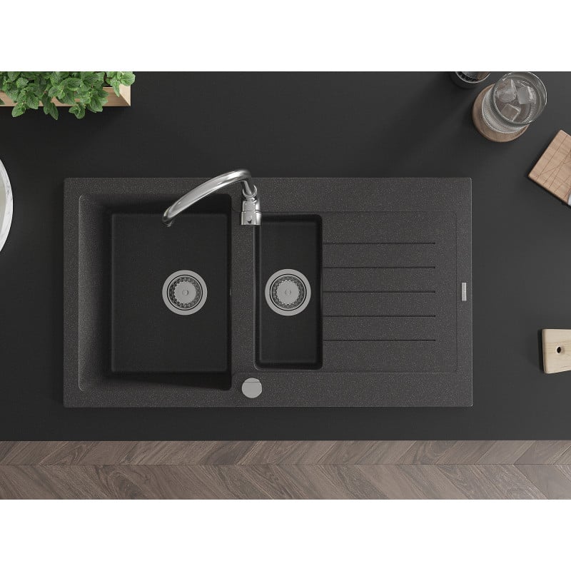 Mexen Matias granito plautuvė 1,5 skyrių su nusausintuvu ir virtuviniu maišytuvu Telma, juoda taškuota - 6502-76-670200-00