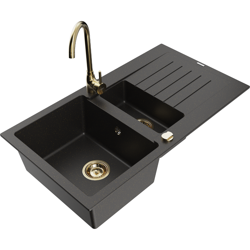 Mexen Matias granitinė virtuvės kriauklė su 1,5 skyreliais, nutekamąja dalimi ir virtuviniu maišytuvu Telma, juoda/auksinė