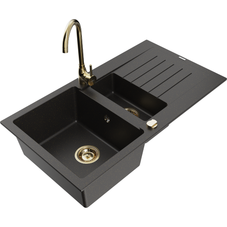 Mexen Matias granitinė virtuvės kriauklė su 1,5 skyreliais, nutekamąja dalimi ir virtuviniu maišytuvu Telma, juoda/auksinė