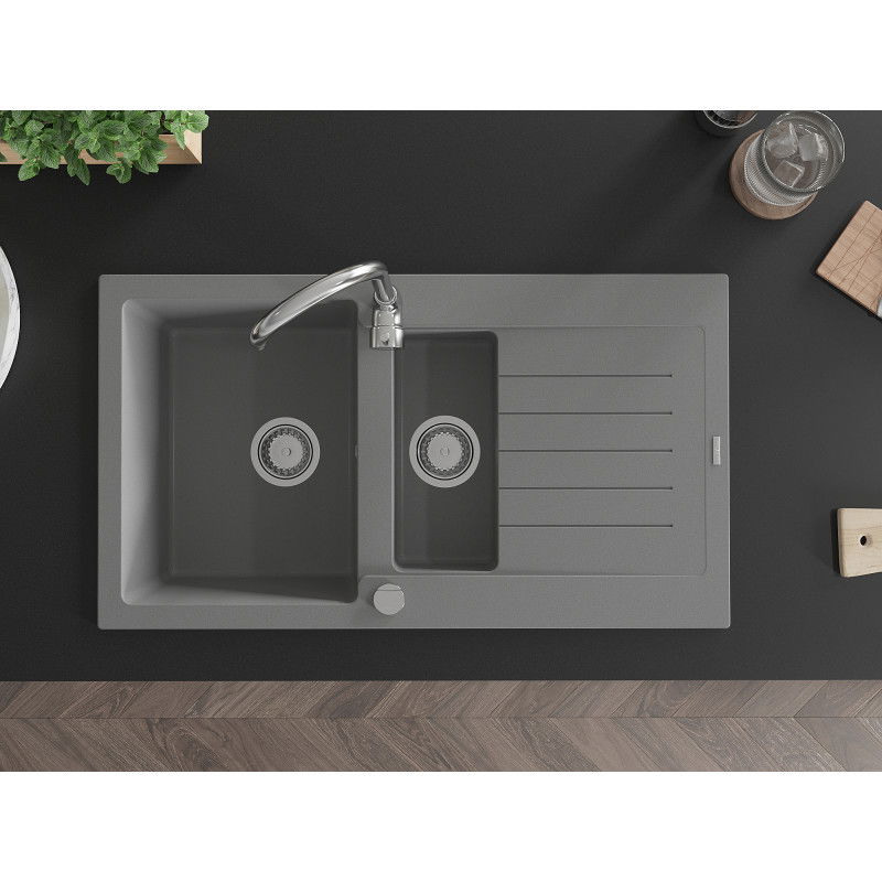 Mexen Matias granitinė plautuvė 1,5 kamerinė su nuvarvėjimo vieta ir virtuvės maišytuvu Telma, pilka - 6502-71-670200-00