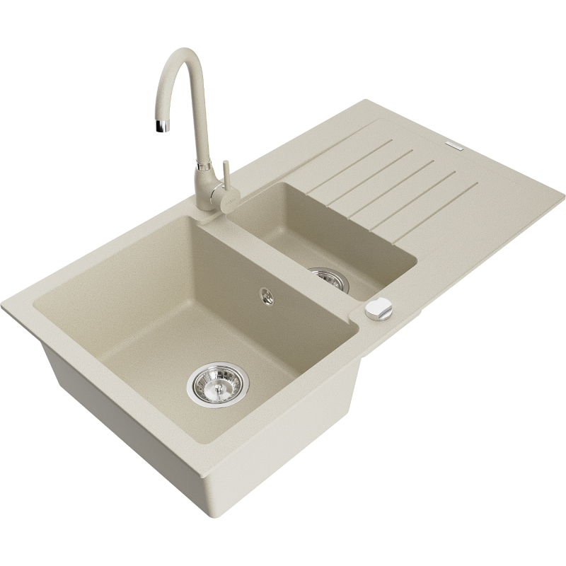 Mexen Matias granito plautuvė 1,5 skyrių su nutekėjimu ir virtuviniu maišytuvu Telma, smėlio spalvos - 6502-69-670200-69