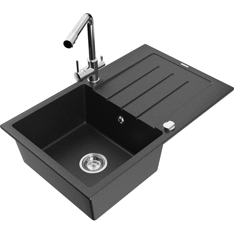 Mexen Bruno granitinė vienos kameros kriauklė su indaplove ir virtuvės maišytuvu Duero, juoda/sidabrinė metalo spalva