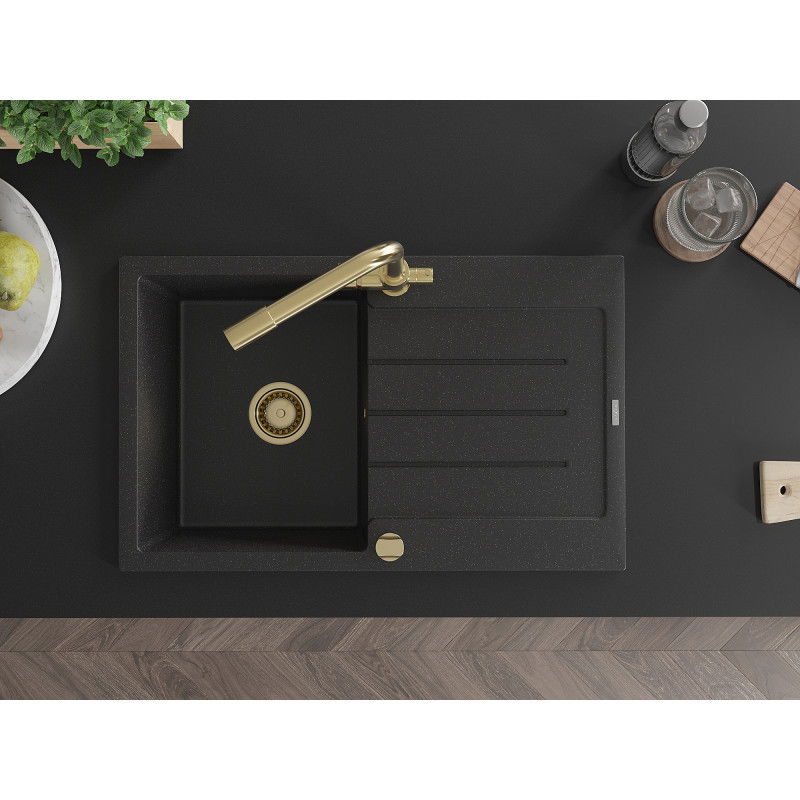 Mexen Bruno granitinė vienos kameros plautuvė su nutekamu lietumi ir virtuviniu maišytuvu Duero, juoda/sidabrinis metalikas