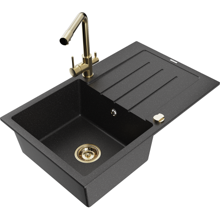 Mexen Bruno granitinė vienos kameros plautuvė su nutekamu lietumi ir virtuviniu maišytuvu Duero, juoda/sidabrinis metalikas