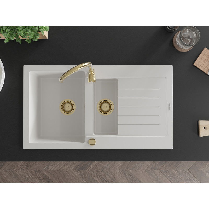 Mexen Matias granitinė 1,5 kamerų kriauklė su nusausintuvu ir virtuviniu maišytuvu Telma, balta - 6502-20-670200-50