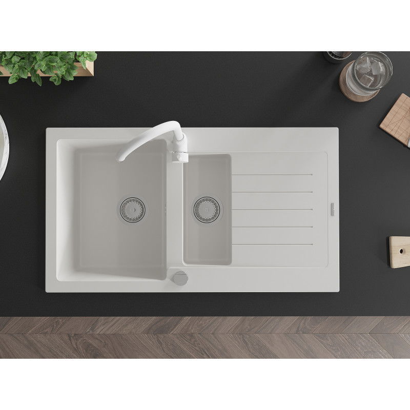 Mexen Matias granitinė plautuvė 1,5 skyrių su nutekėjimu ir virtuvės maišytuvu Telma, balta - 6502-20-670200-20