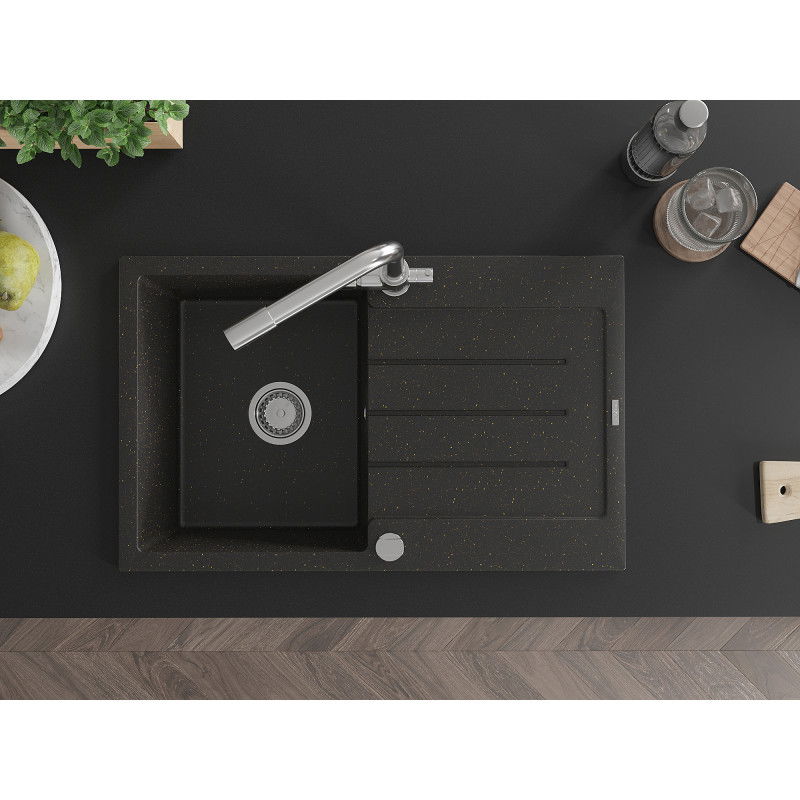 Mexen Bruno granitinė vienos komoros plautuvė su nusausintuvu ir virtuviniu maišytuvu Duero, juodas/auksinis metalikas