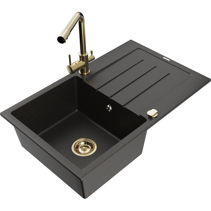 Mexen Bruno granitinė 1-masyvės plautuvė su lašintuvu ir virtuviniu maišytuvu Duero, juoda/auksinė - 6513-75-671600-50