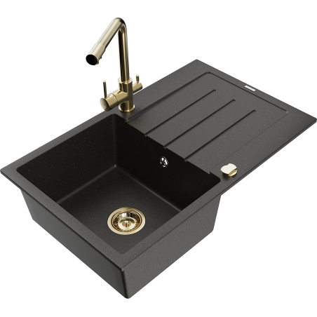 Mexen Bruno granitinė 1-masyvės plautuvė su lašintuvu ir virtuviniu maišytuvu Duero, juoda/auksinė - 6513-75-671600-50