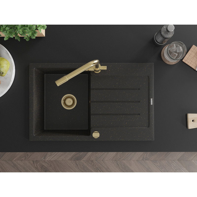 Mexen Bruno granitinė 1-masyvės plautuvė su lašintuvu ir virtuviniu maišytuvu Duero, juoda/auksinė - 6513-75-671600-50