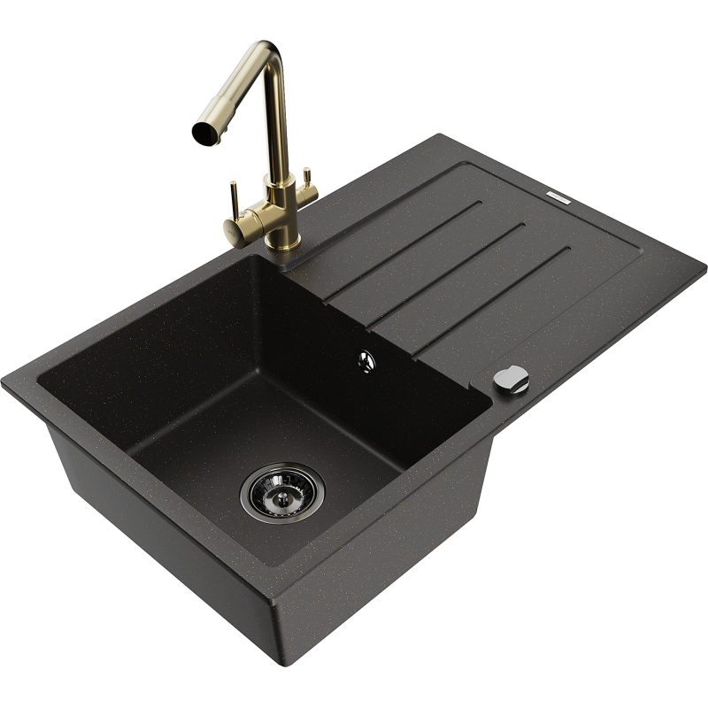 Mexen Bruno granitinė vienos sekcijos plautuvė su nubėgimo paviršiumi ir virtuviniu čiaupu Duero, juoda/auksinė metalo