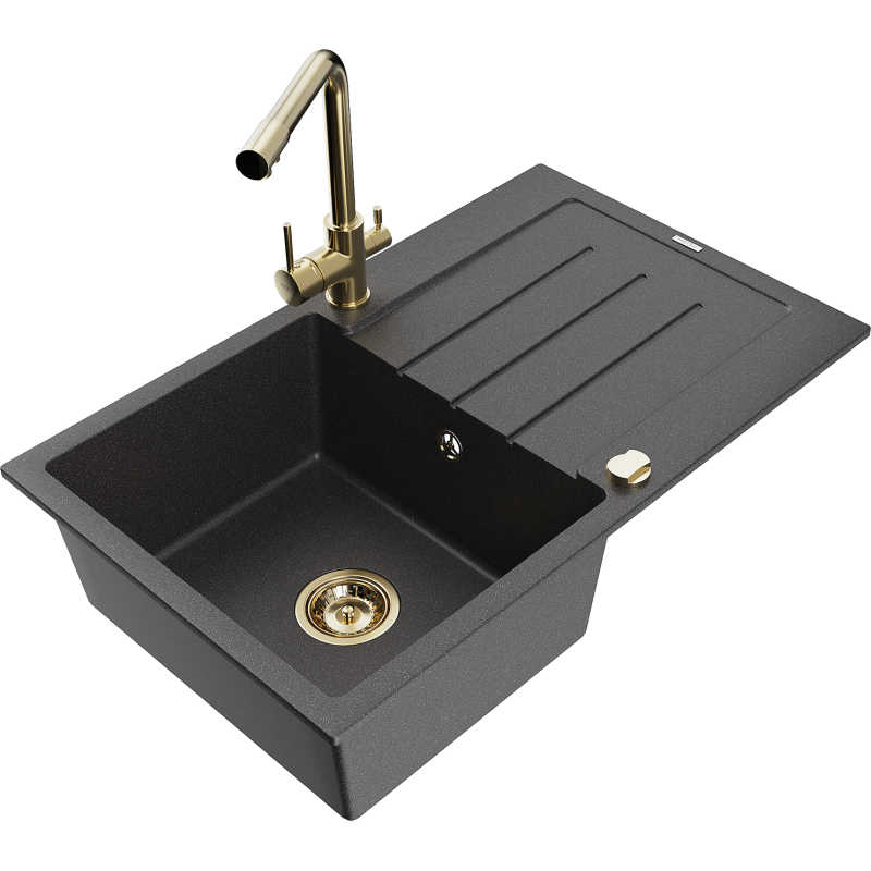 Mexen Bruno granitinė vienos plautuvės kriauklė su nusausintuvu ir virtuvės maišytuvu Duero, juoda dėmėta