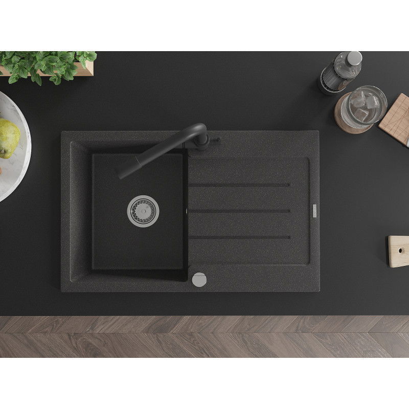 Mexen Bruno granitinė 1-skylių plautuvė su nusausintuvu ir virtuviniu maišytuvu Duero, juodas taškuotas - 6513-76-671600-70