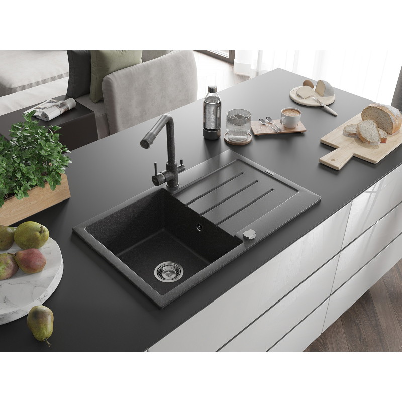 Mexen Bruno granitinė 1 kameros kriauklė su nuvarvėjimo vieta ir virtuviniu maišytuvu Duero, juoda su taškeliais