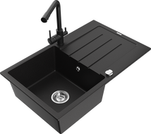 Mexen Bruno granitinė vienos talpos plautuvė su nusausintuvu ir virtuviniu maišytuvu Duero, juoda - 6513-77-671600-70