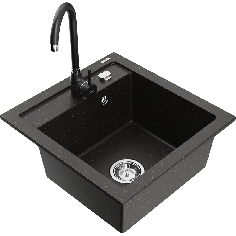 Mexen Vito granitinė vienos kameros plautuvė su virtuviniu maišytuvu Telma, juoda/auksinis metalikas - 6503-75-670200-70