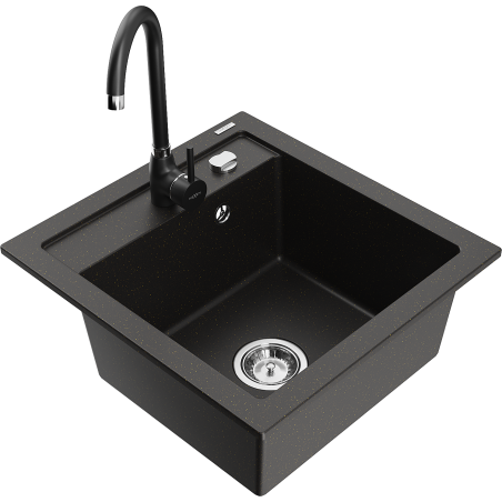 Mexen Vito granitinė vienos kameros plautuvė su virtuviniu maišytuvu Telma, juoda/auksinis metalikas - 6503-75-670200-70