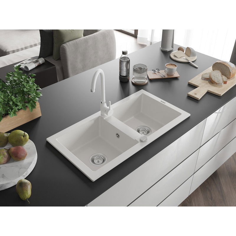 Mexen Mario granitinė dviejų skyrių plautuvė su virtuviniu maišytuvu Telma, balta - 6504-20-670200-20