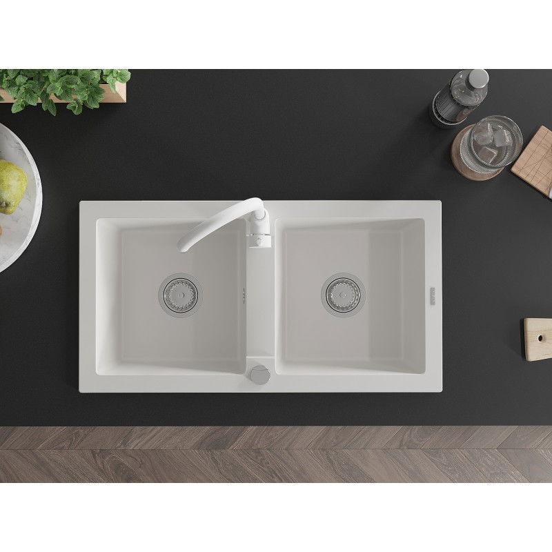 Mexen Mario granitinė dviejų skyrių plautuvė su virtuviniu maišytuvu Telma, balta - 6504-20-670200-20