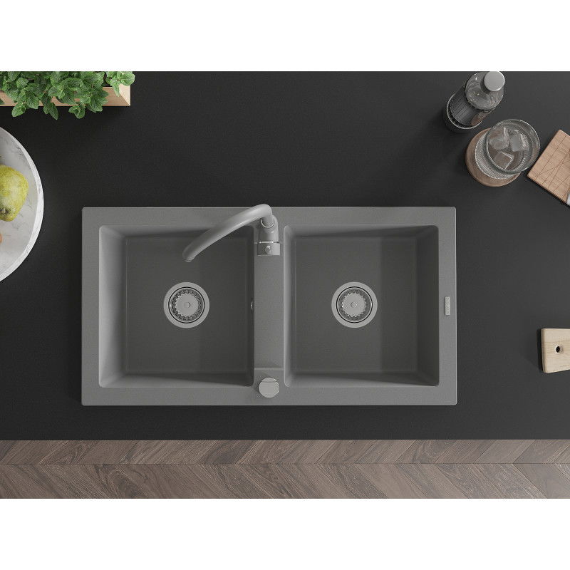 Mexen Mario granito dviejų dalių plautuvė su virtuviniu maišytuvu Telma, pilka - 6504-71-670200-71